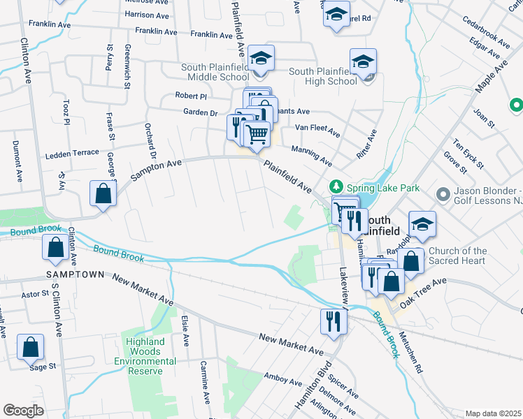 map of restaurants, bars, coffee shops, grocery stores, and more near 2440 Willow Avenue in South Plainfield