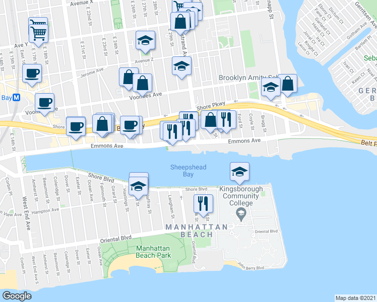 map of restaurants, bars, coffee shops, grocery stores, and more near 2816 Emmons Avenue in Brooklyn