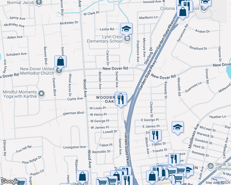 map of restaurants, bars, coffee shops, grocery stores, and more near 77 West Arthur Place in Woodbridge Township