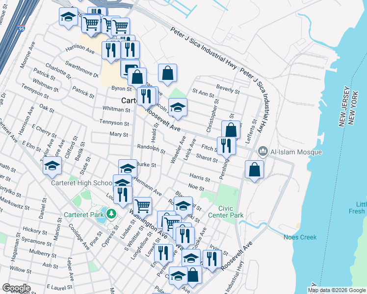 map of restaurants, bars, coffee shops, grocery stores, and more near 54 Wheeler Avenue in Carteret