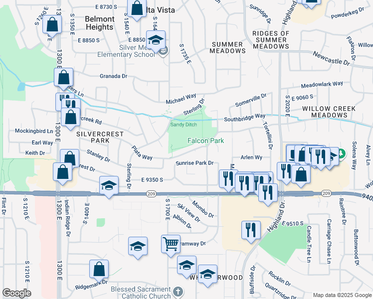 map of restaurants, bars, coffee shops, grocery stores, and more near 1787 Plata Way in Sandy