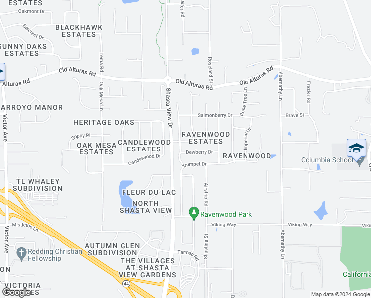 map of restaurants, bars, coffee shops, grocery stores, and more near 2524 Dewberry Drive in Redding