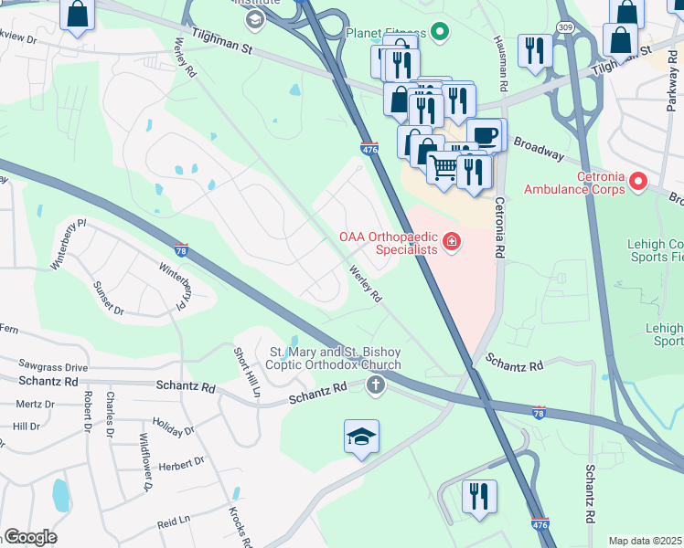 map of restaurants, bars, coffee shops, grocery stores, and more near 228 Snapdragon Way in Allentown