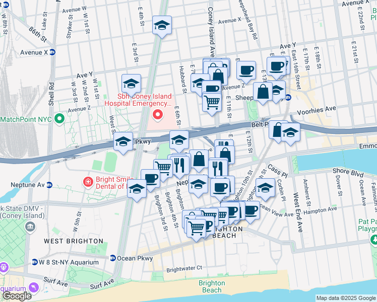 map of restaurants, bars, coffee shops, grocery stores, and more near 2731 Brighton 7th Street in Brooklyn