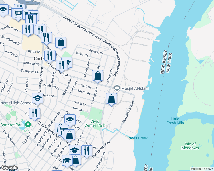 map of restaurants, bars, coffee shops, grocery stores, and more near 8 John Street in Carteret