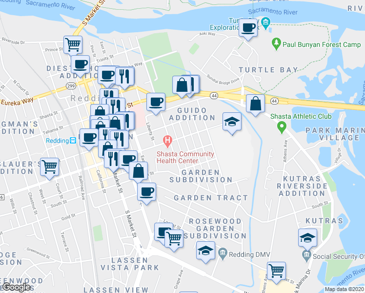 map of restaurants, bars, coffee shops, grocery stores, and more near 1736 Garden Street in Redding