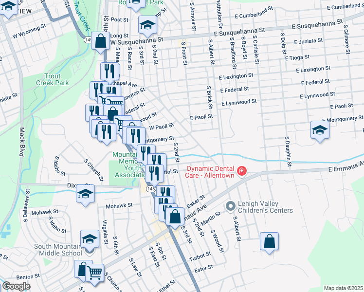 map of restaurants, bars, coffee shops, grocery stores, and more near 123 West Wabash Street in Allentown