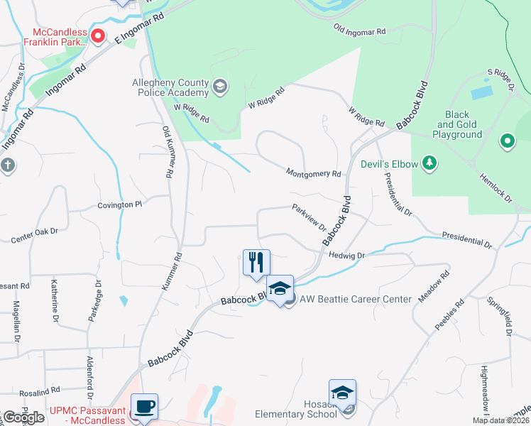 map of restaurants, bars, coffee shops, grocery stores, and more near 1473 Parkview Drive in McCandless