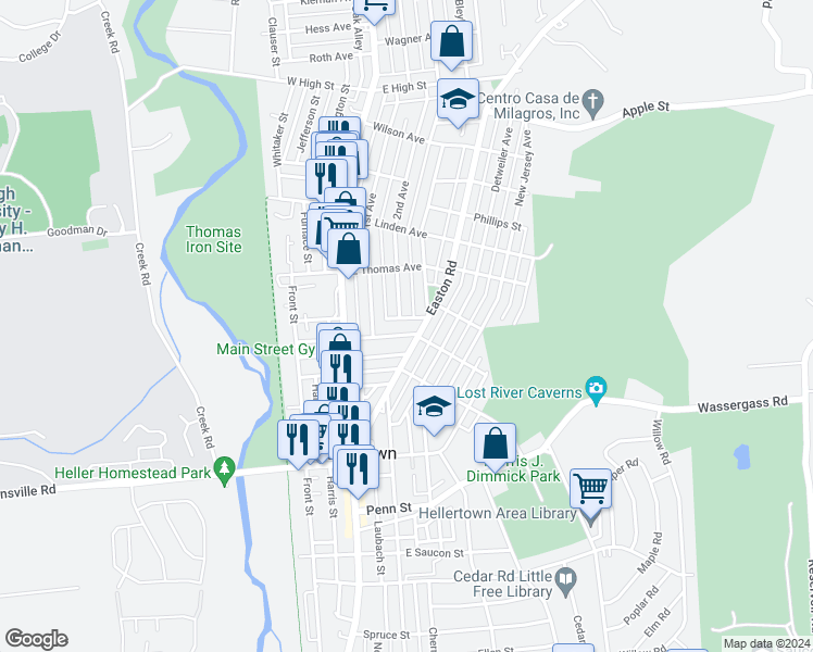 map of restaurants, bars, coffee shops, grocery stores, and more near 147 East Chestnut Street in Hellertown