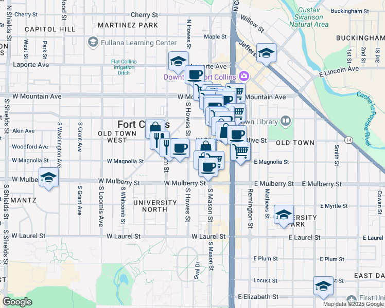 map of restaurants, bars, coffee shops, grocery stores, and more near in Fort Collins