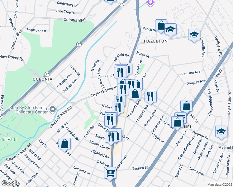 map of restaurants, bars, coffee shops, grocery stores, and more near 1299 Saint Georges Avenue in Woodbridge Township