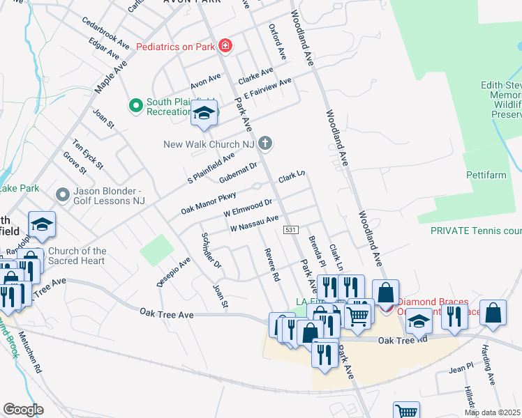 map of restaurants, bars, coffee shops, grocery stores, and more near 127 Oak Manor Parkway in South Plainfield