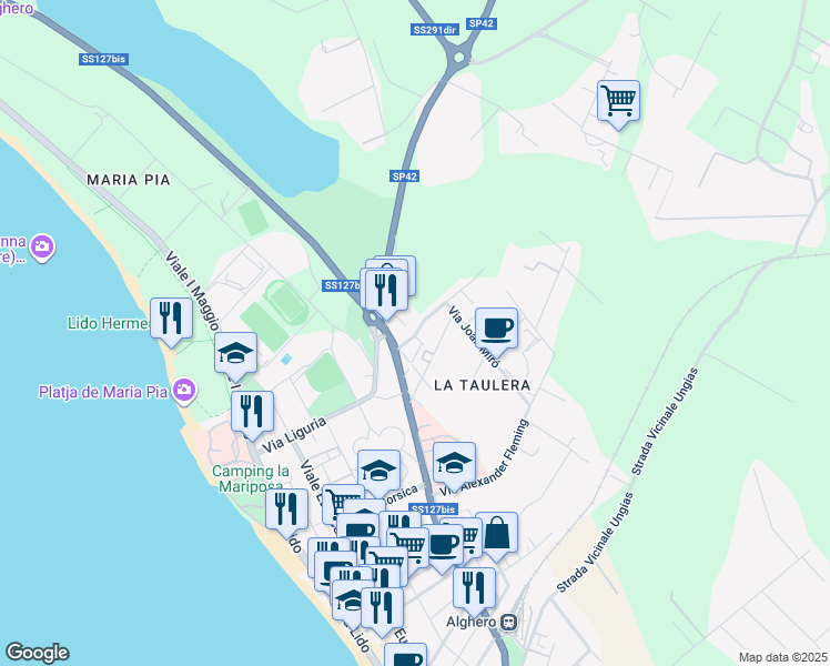 map of restaurants, bars, coffee shops, grocery stores, and more near 29 Via Antoni Gaudì in Alghero