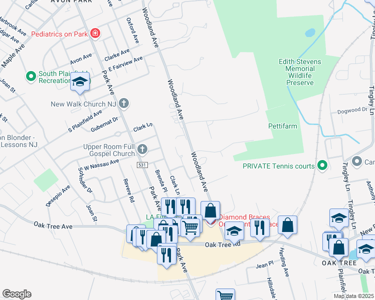 map of restaurants, bars, coffee shops, grocery stores, and more near 1783 Woodland Avenue in Edison