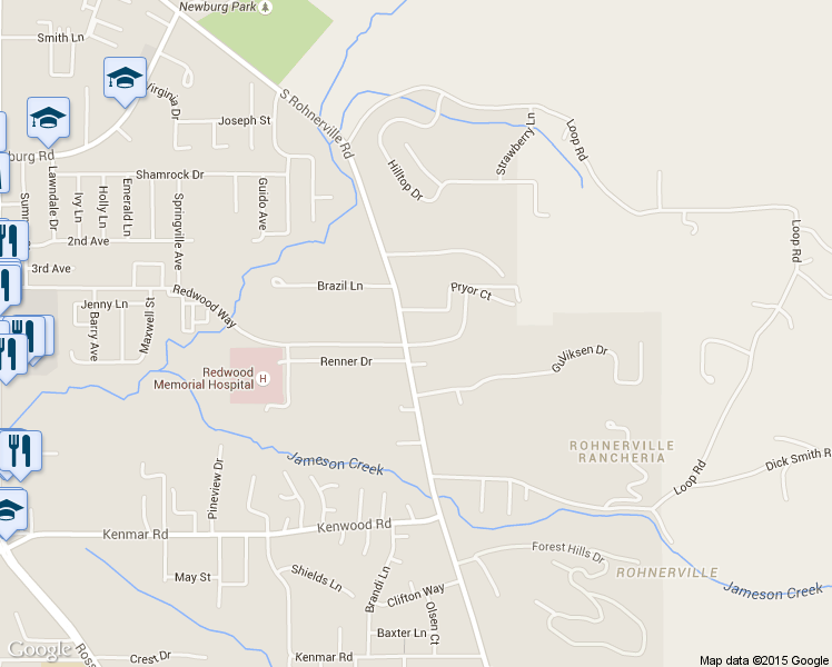 map of restaurants, bars, coffee shops, grocery stores, and more near 3651 Rohnerville Rd in Fortuna