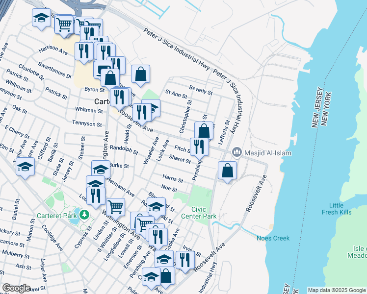 map of restaurants, bars, coffee shops, grocery stores, and more near 626 Roosevelt Avenue in Carteret