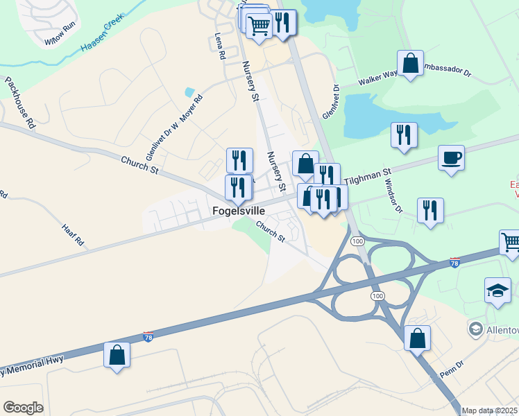 map of restaurants, bars, coffee shops, grocery stores, and more near 7828 Main Street in Fogelsville