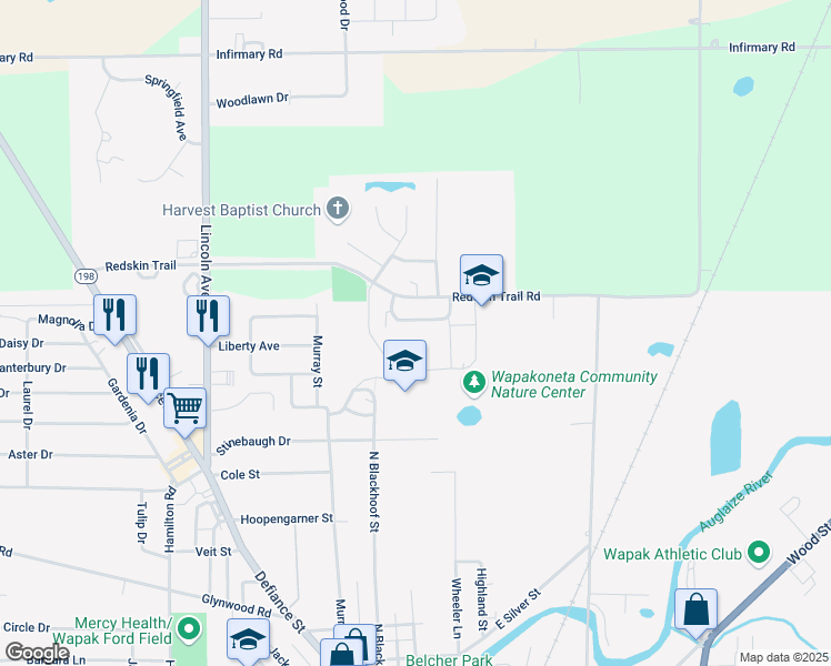 map of restaurants, bars, coffee shops, grocery stores, and more near 1 Redskin Trail in Wapakoneta