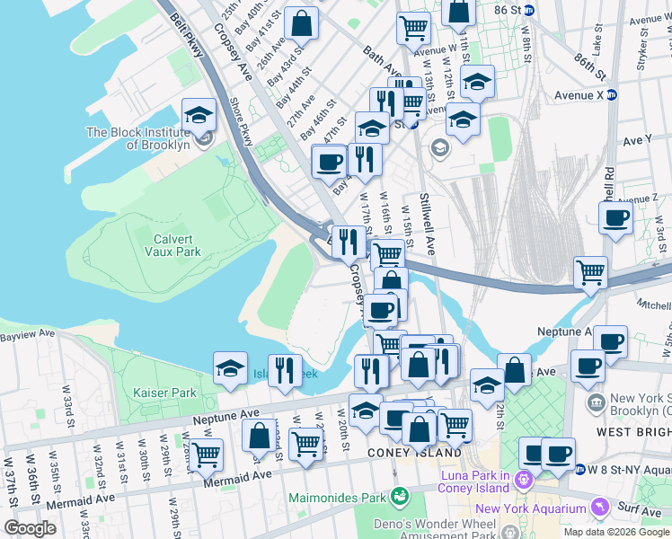 map of restaurants, bars, coffee shops, grocery stores, and more near 159 Bay 52nd Street in Brooklyn
