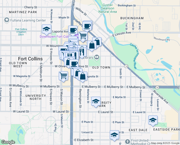 map of restaurants, bars, coffee shops, grocery stores, and more near 301 East Olive Street in Fort Collins