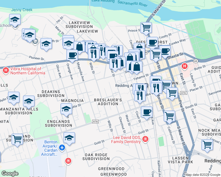 map of restaurants, bars, coffee shops, grocery stores, and more near 1341 Chestnut Street in Redding