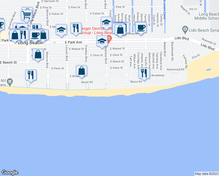 map of restaurants, bars, coffee shops, grocery stores, and more near 25 Neptune Boulevard in Long Beach