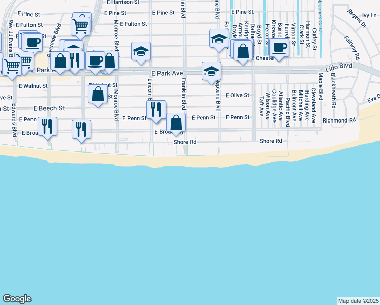 map of restaurants, bars, coffee shops, grocery stores, and more near 515 Shore Road in Long Beach