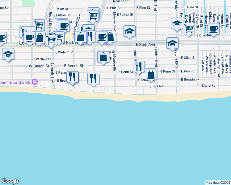 map of restaurants, bars, coffee shops, grocery stores, and more near 271 Shore Road in Long Beach