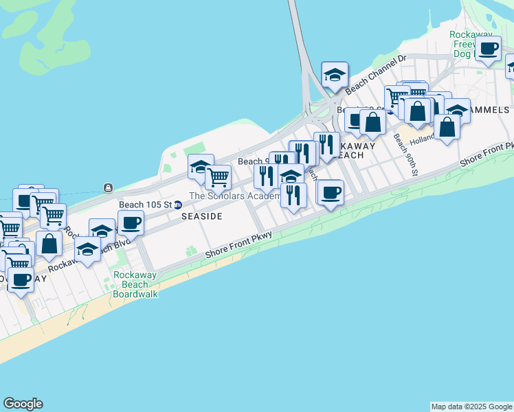 map of restaurants, bars, coffee shops, grocery stores, and more near 2-23 Beach 101st Street in Queens