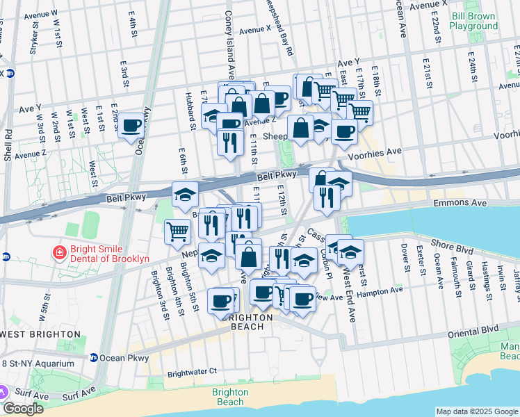 map of restaurants, bars, coffee shops, grocery stores, and more near 2745 East 11th Street in Brooklyn