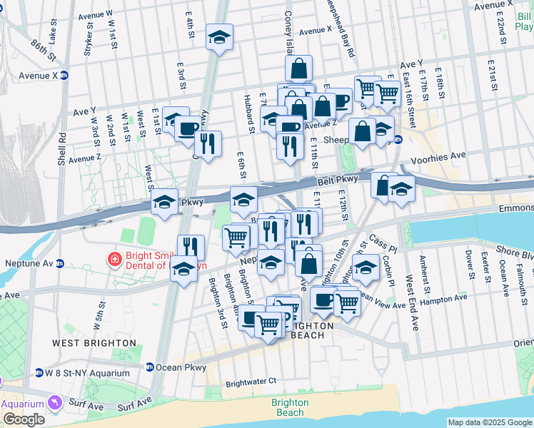 map of restaurants, bars, coffee shops, grocery stores, and more near 2731 Brighton 7th Street in Brooklyn