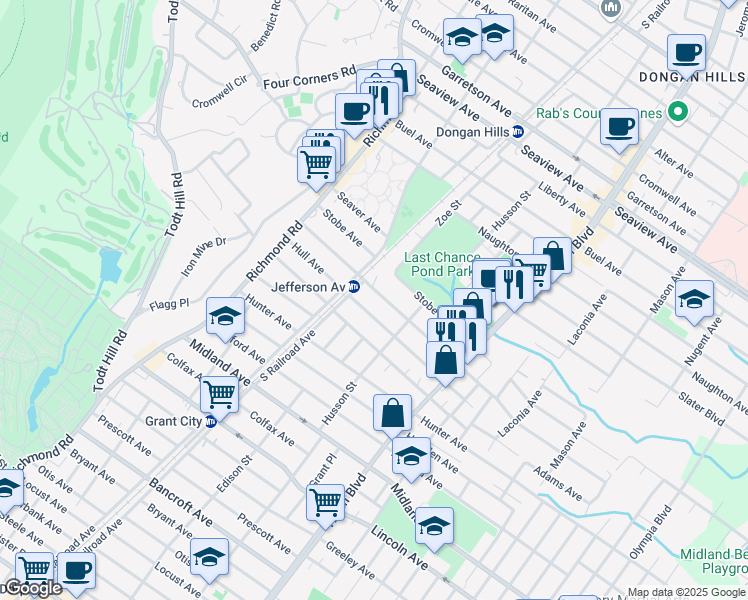 map of restaurants, bars, coffee shops, grocery stores, and more near 118 Stobe Avenue in Staten Island