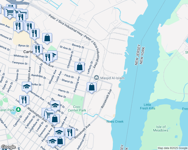 map of restaurants, bars, coffee shops, grocery stores, and more near 18 Railroad Avenue in Carteret