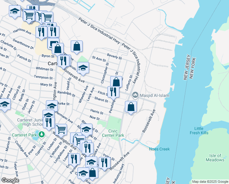 map of restaurants, bars, coffee shops, grocery stores, and more near 1 Charles Street in Carteret