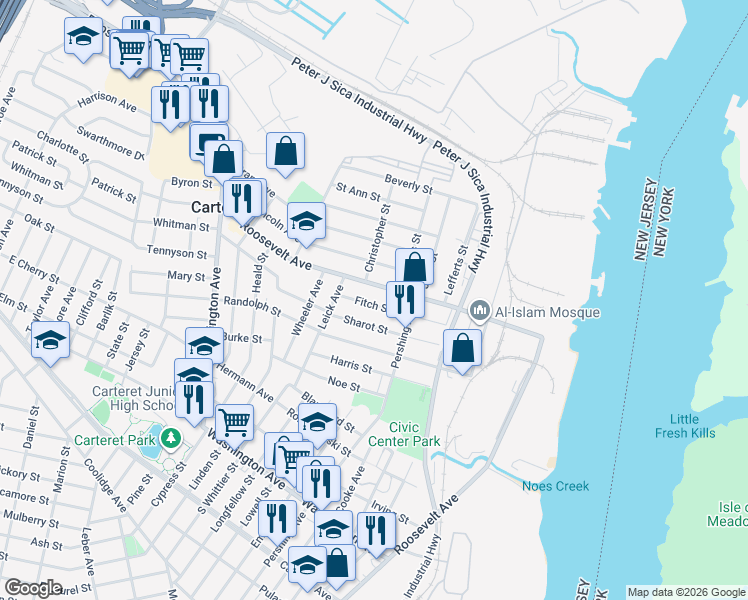 map of restaurants, bars, coffee shops, grocery stores, and more near 626 Roosevelt Avenue in Carteret