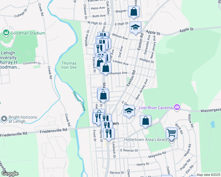 map of restaurants, bars, coffee shops, grocery stores, and more near 1052 1st Avenue in Hellertown