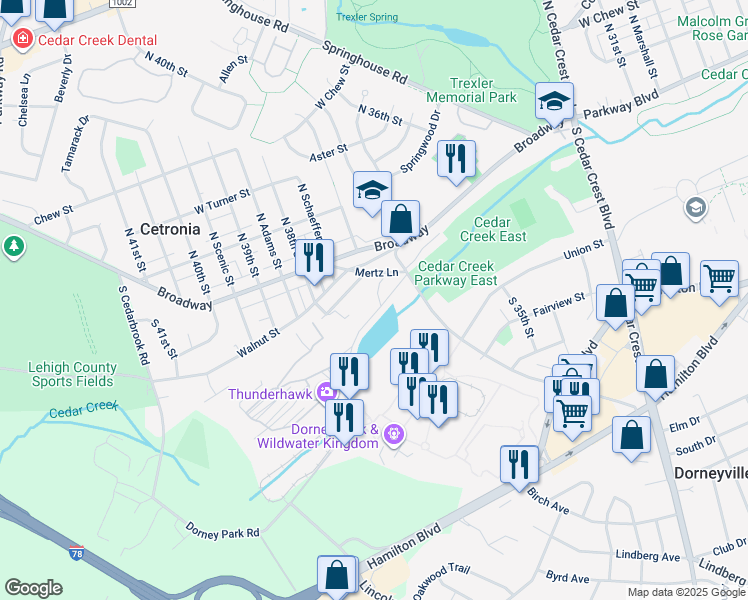 map of restaurants, bars, coffee shops, grocery stores, and more near 42 Mertz Lane in Allentown