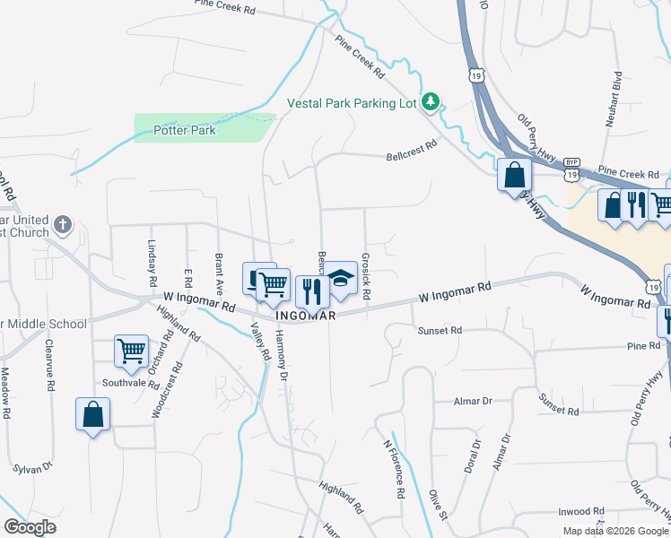 map of restaurants, bars, coffee shops, grocery stores, and more near 9742 Bellcrest Road in Pittsburgh