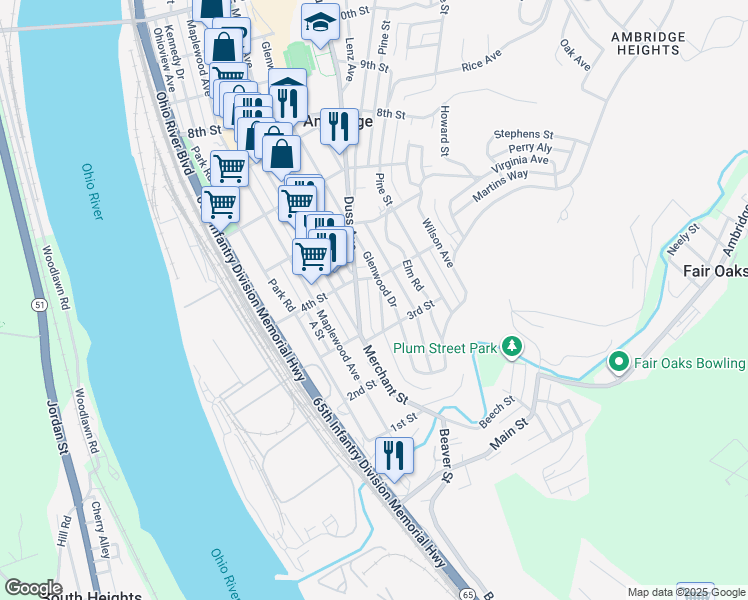 map of restaurants, bars, coffee shops, grocery stores, and more near 344 Glenwood Drive in Ambridge
