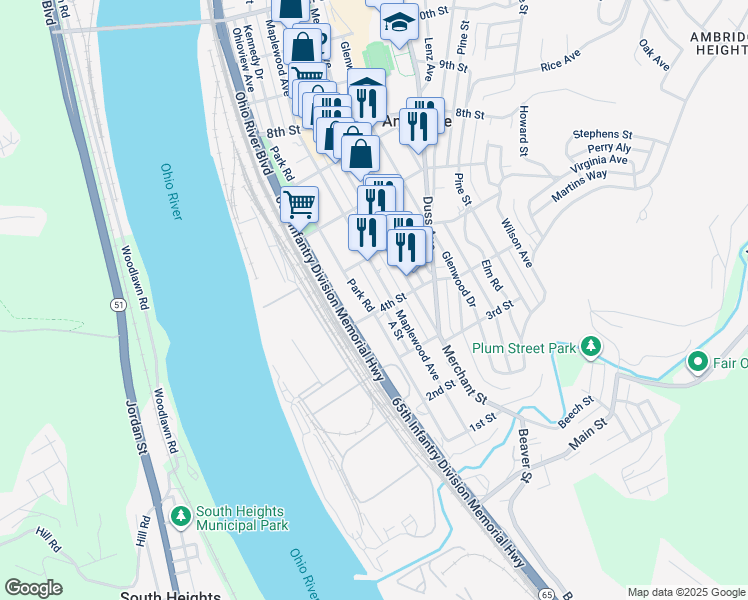map of restaurants, bars, coffee shops, grocery stores, and more near 436 Park Road in Ambridge