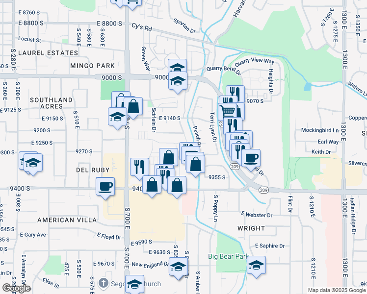 map of restaurants, bars, coffee shops, grocery stores, and more near 9242 Laura Anne Way in Sandy