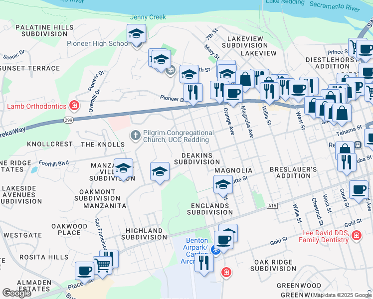map of restaurants, bars, coffee shops, grocery stores, and more near 1241 Almond Avenue in Redding
