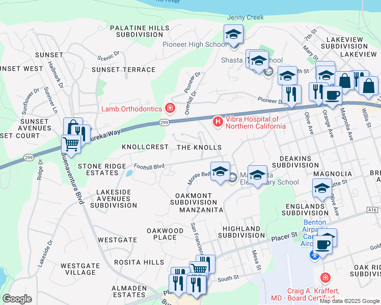 map of restaurants, bars, coffee shops, grocery stores, and more near 3135 Colombard Walk in Redding