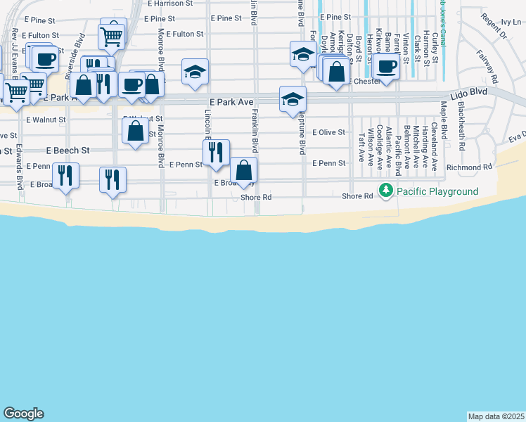 map of restaurants, bars, coffee shops, grocery stores, and more near 515 Shore Road in Long Beach