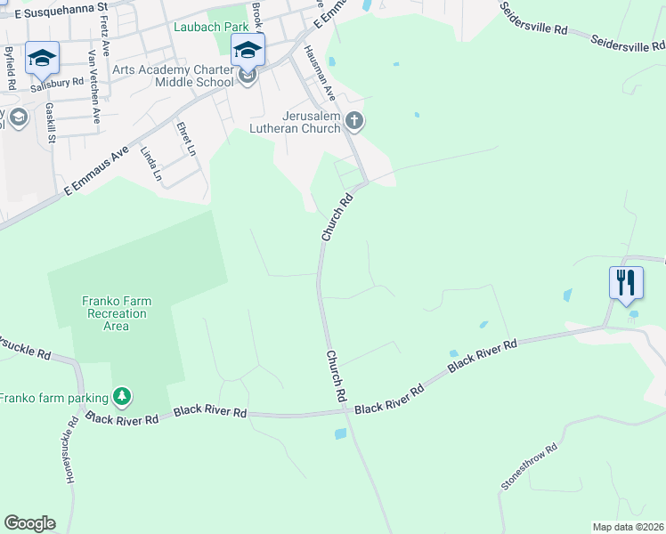 map of restaurants, bars, coffee shops, grocery stores, and more near 2025 Church Road in Bethlehem