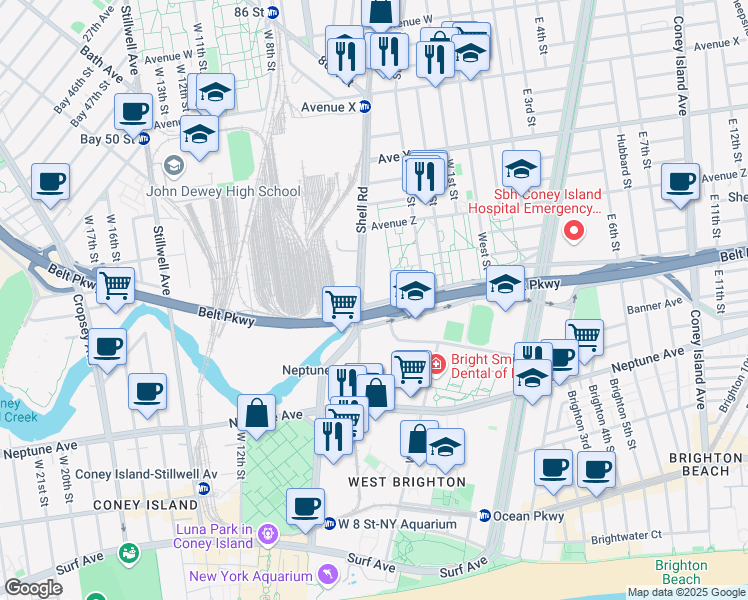map of restaurants, bars, coffee shops, grocery stores, and more near 2 Shore Parkway in Brooklyn