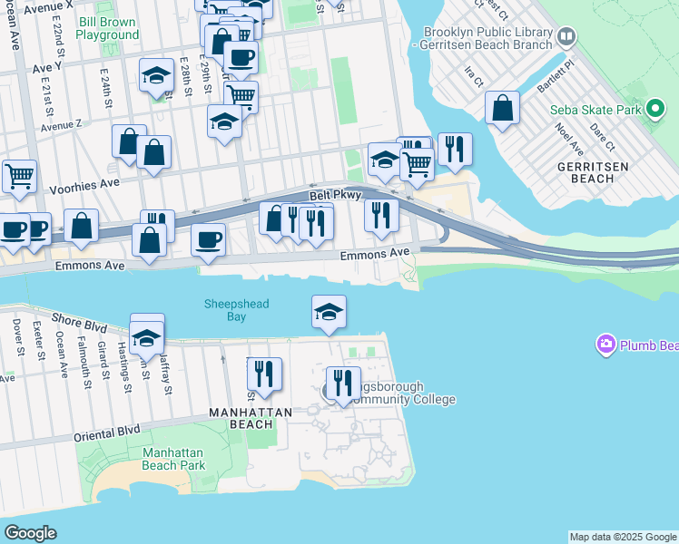 map of restaurants, bars, coffee shops, grocery stores, and more near 3136A Emmons Avenue in Brooklyn