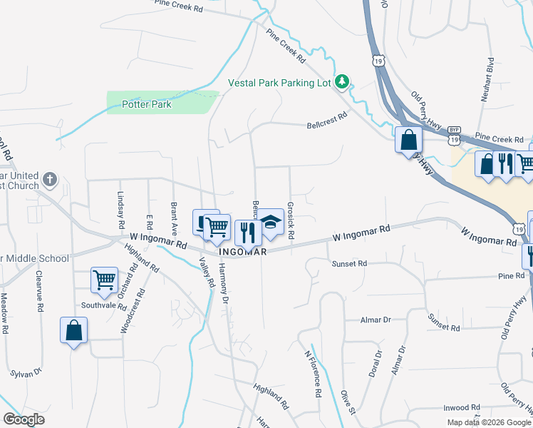 map of restaurants, bars, coffee shops, grocery stores, and more near 9742 Bellcrest Road in Pittsburgh