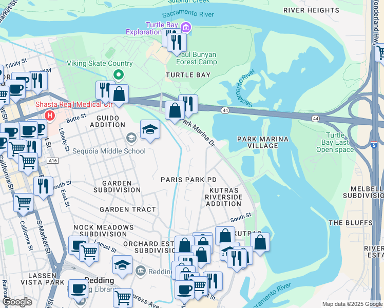 map of restaurants, bars, coffee shops, grocery stores, and more near 2016 Lazare Path in Redding