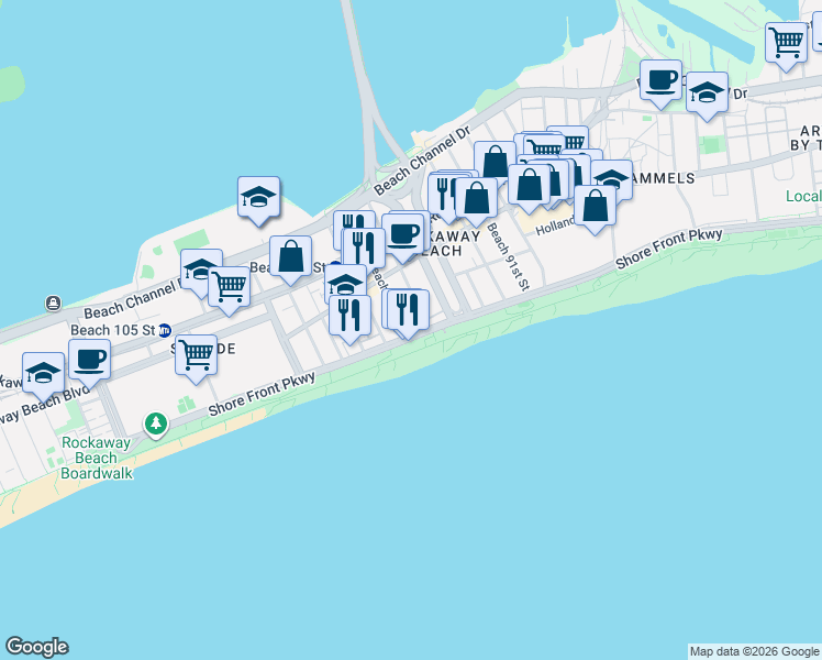map of restaurants, bars, coffee shops, grocery stores, and more near 9618 Shore Front Parkway in Queens